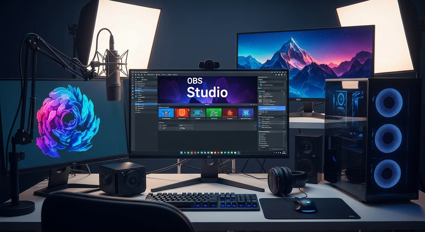 Setup de streaming profesional con múltiples computadoras, micrófono, cámara e iluminación, destacando el uso de OBS Studio en un entorno tecnológico.