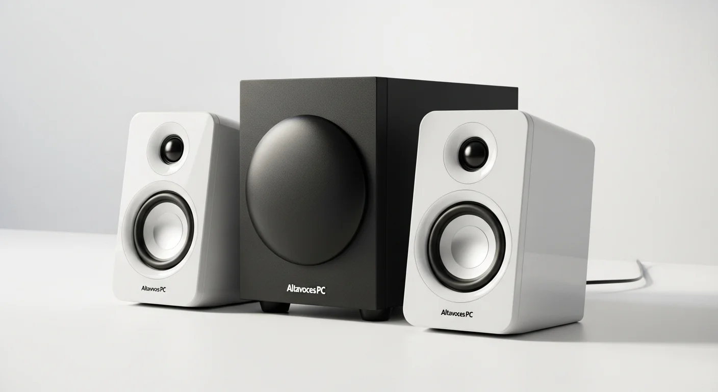 Sistema de altavoces PC tipo 2.1 con dos satélites y un subwoofer, ideal para computadoras de escritorio y multimedia.