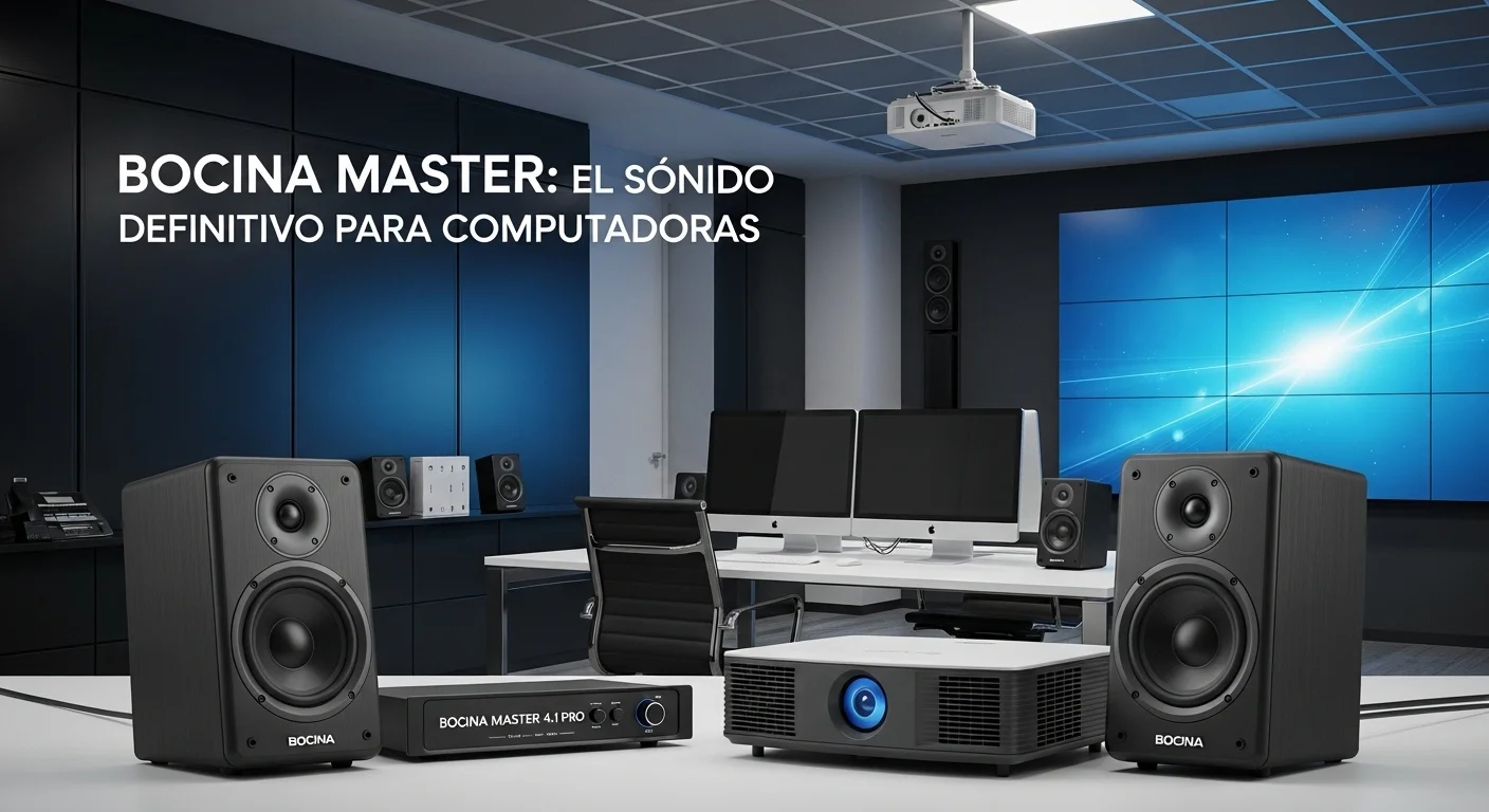 Instalación del sistema de sonido Bocina Master 4.1 Pro en una oficina moderna con proyector y pantalla.