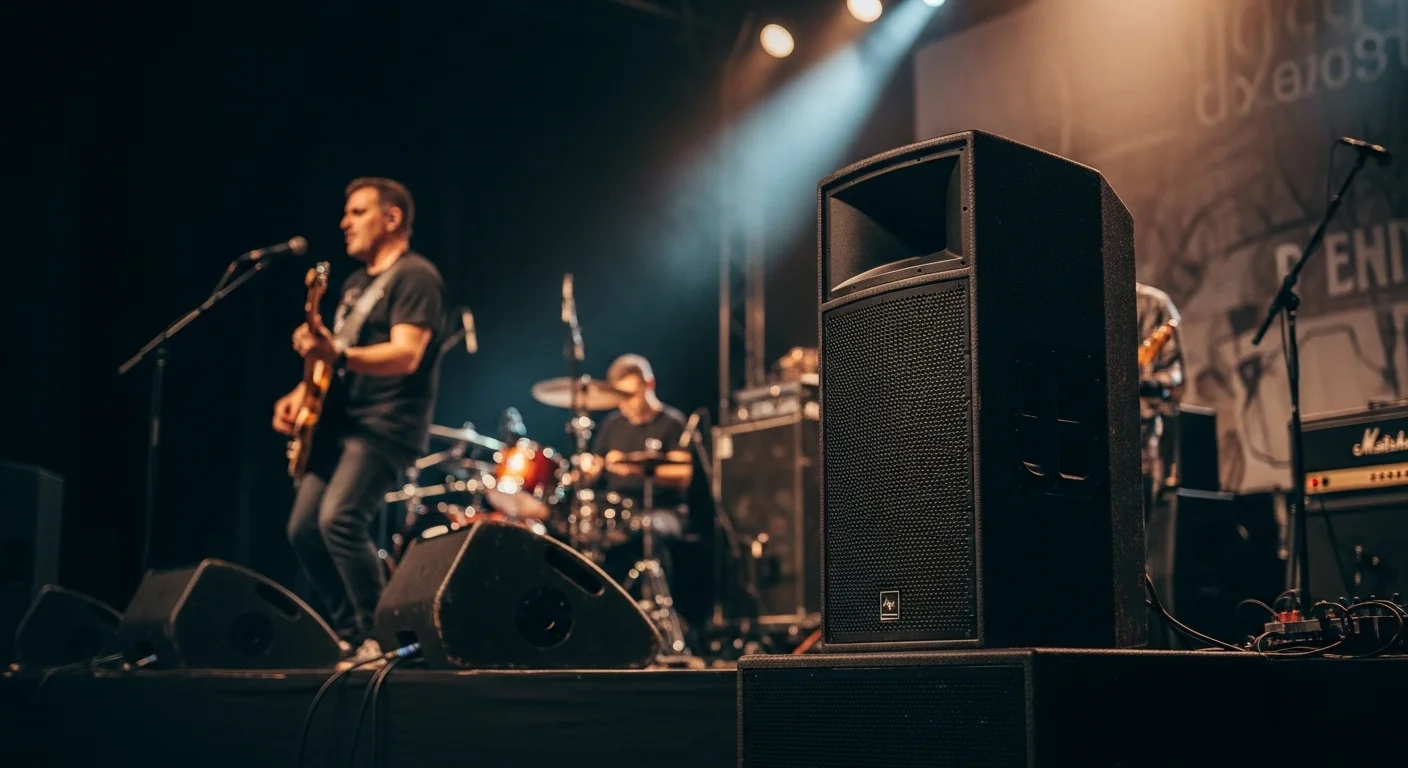Potentes bocinas para grupo musical montadas en un escenario durante un concierto, mostrando su uso profesional.
