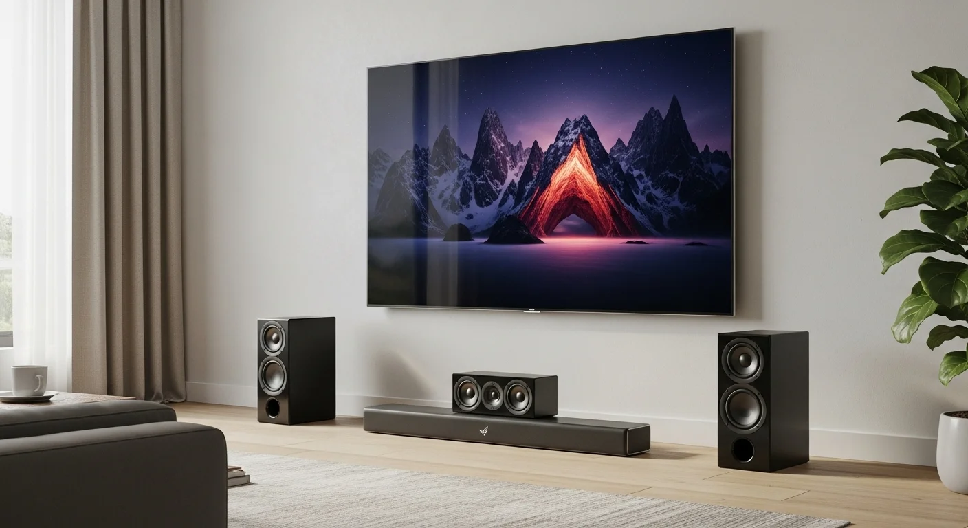 Un salón con un gran televisor en la pared, una barra de sonido elegante debajo y altavoces satélite, mostrando una configuración de bocinas para casa y TV.