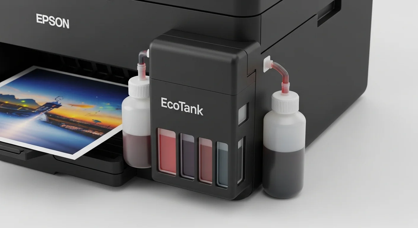 Detalle del sistema de tanques de tinta EcoTank de la impresora Epson L3150, mostrando las botellas de tinta y su fácil recarga.