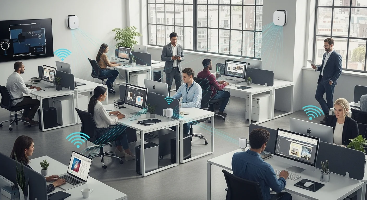 Varios nodos de un sistema wifi mesh 7 distribuidos de forma elegante en una oficina moderna, mostrando una cobertura de red completa para múltiples computadoras y dispositivos.