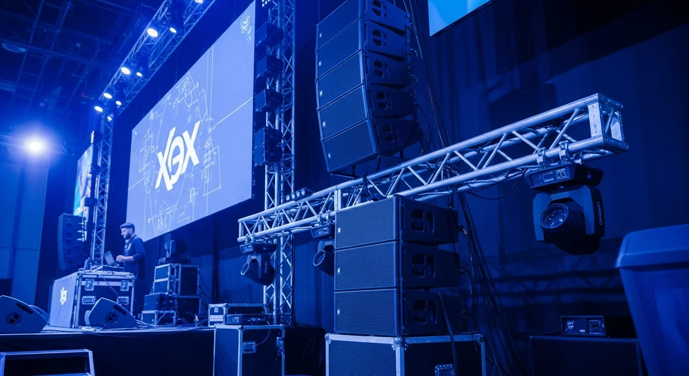 Un gran sistema de bocinas line array instalado en un escenario durante una conferencia de tecnología, mostrando la escala profesional de los equipos de audio para eventos.