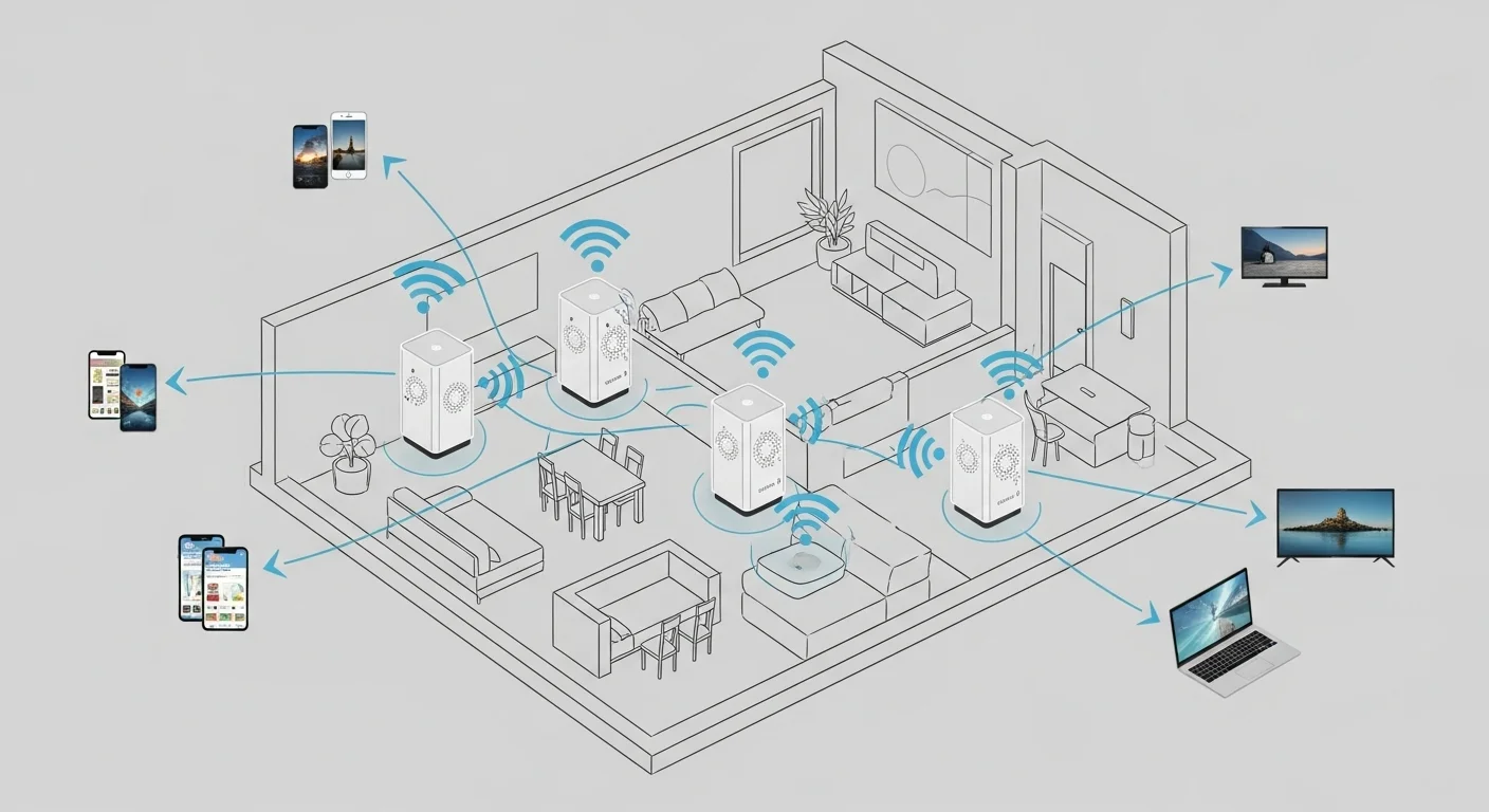 Diagrama de una casa con cobertura total gracias a un sistema Wi-Fi Mesh con tres nodos, mostrando varios dispositivos conectados sin problemas.