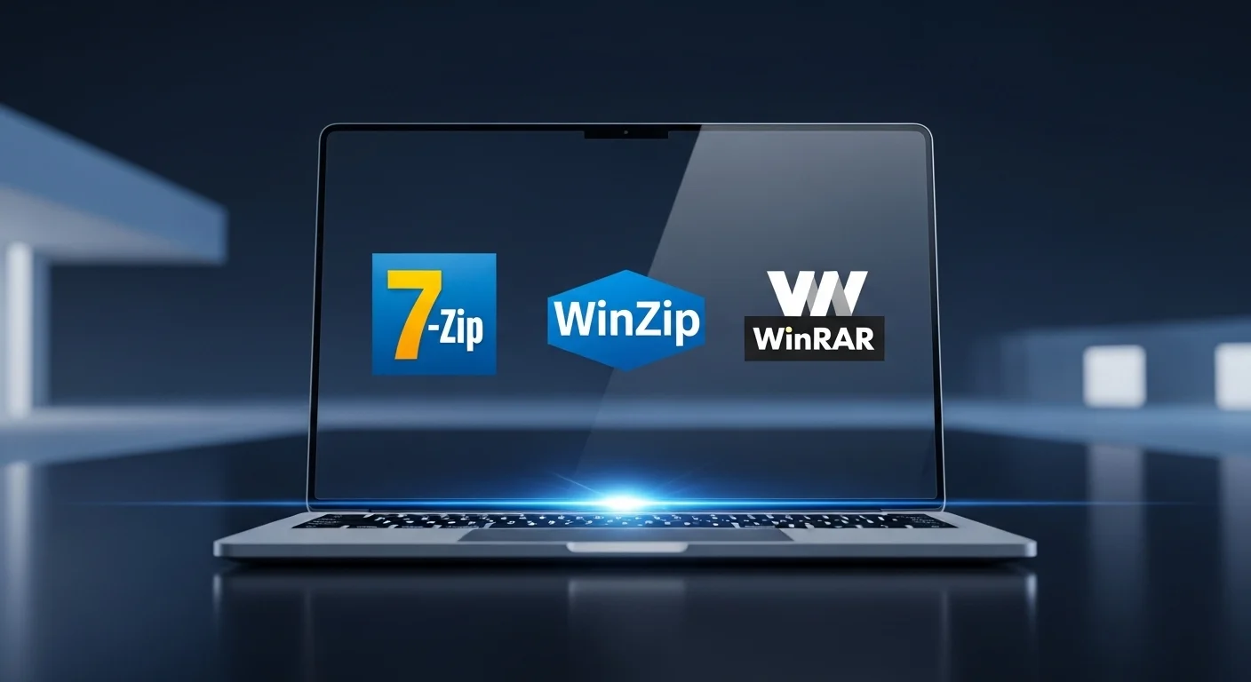 Logotipos de 7-Zip, WinZip y WinRAR mostrados en la pantalla de una computadora moderna, simbolizando la comparativa de software de compresión.
