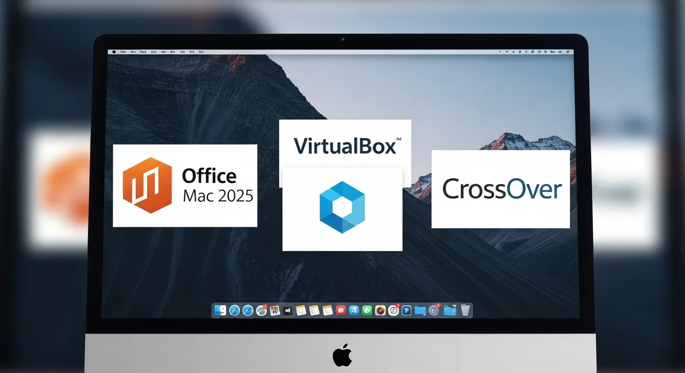 Collage de logos de software como Office Mac 2025, VirtualBox y CrossOver sobre una pantalla de computadora Mac, simbolizando la versatilidad y compatibilidad.