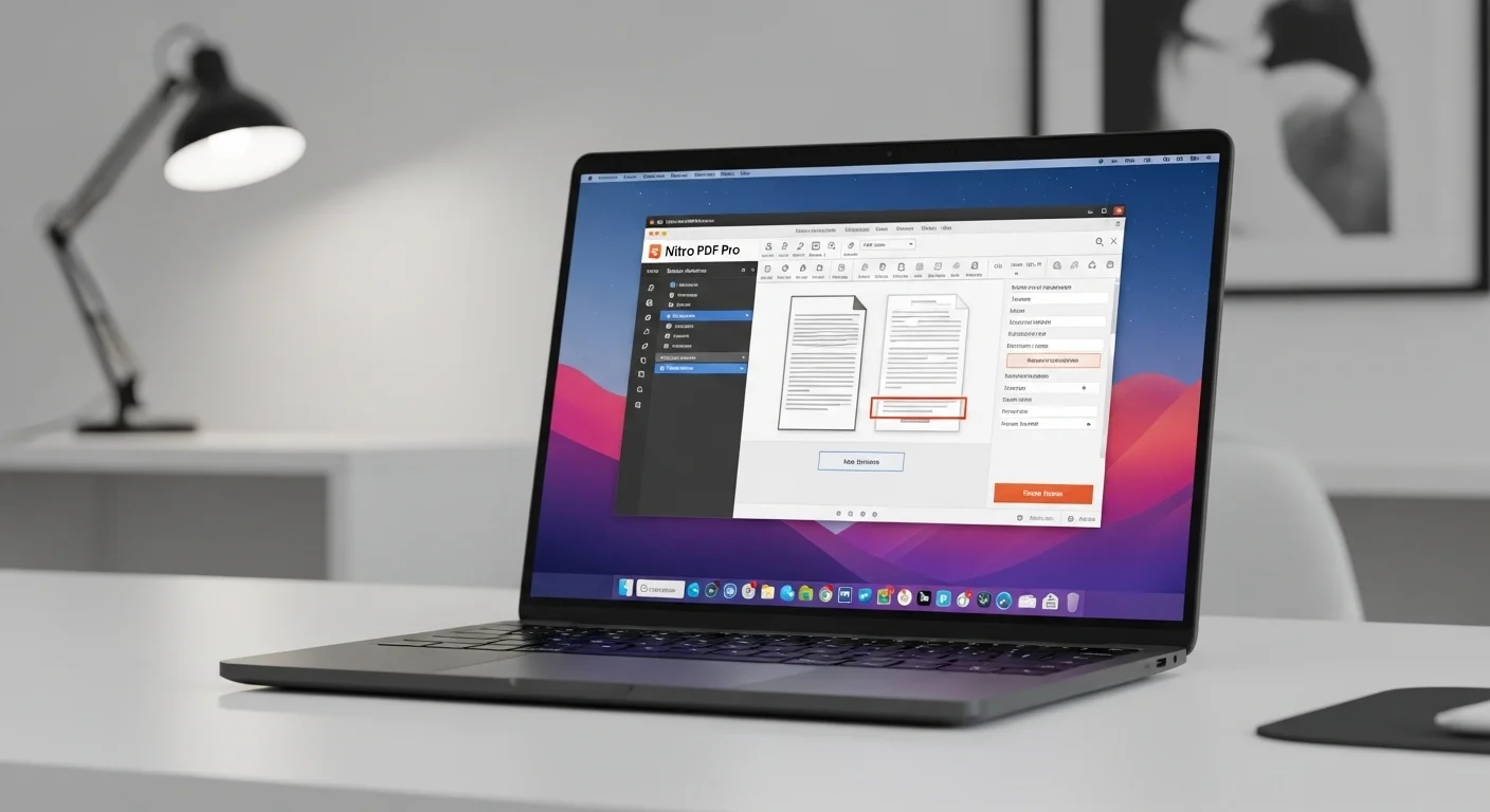 Una pantalla de una laptop mostrando la interfaz del software Nitro PDF Pro, con herramientas de edición y anotación visibles, destacando la productividad.
