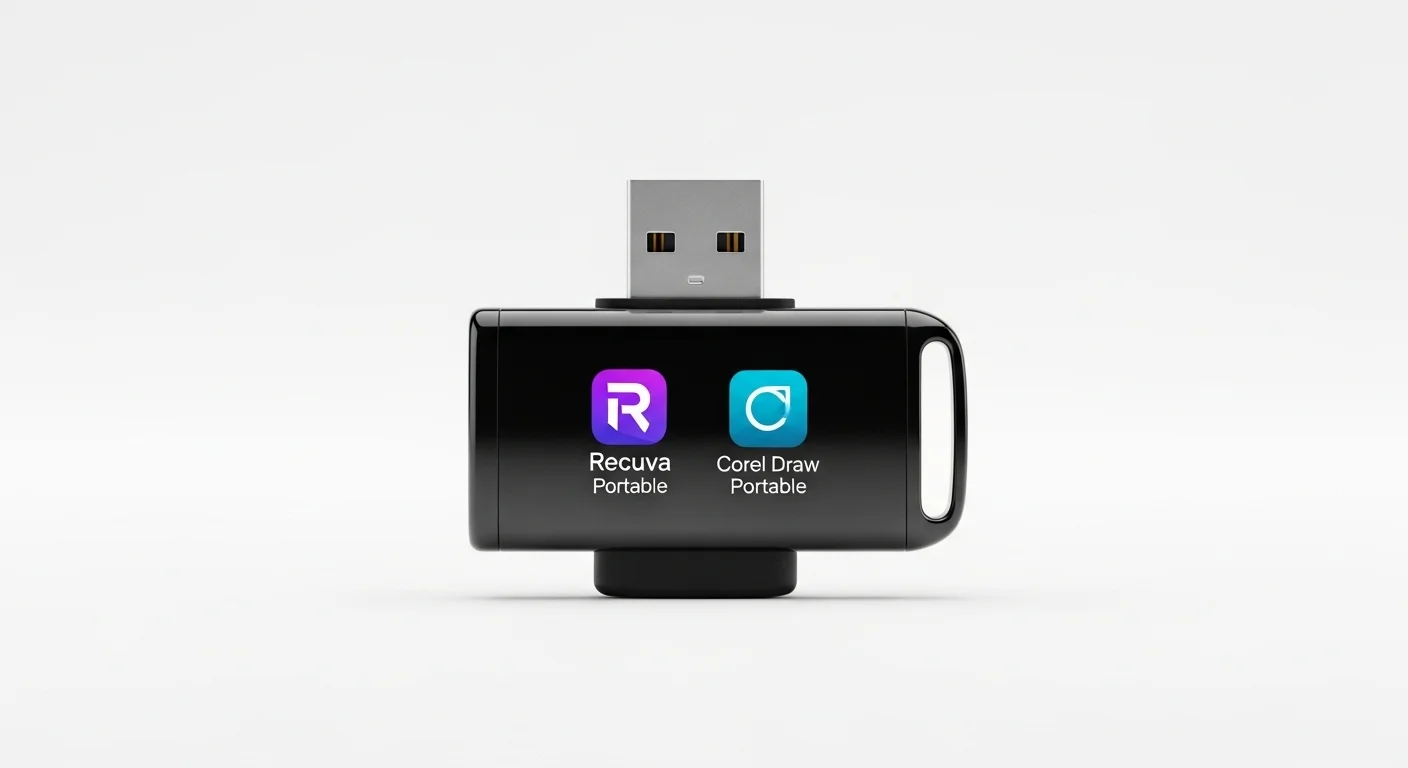 Una memoria USB mostrando iconos de aplicaciones, simbolizando el software portable como Recuva Portable y Corel Draw Portable.