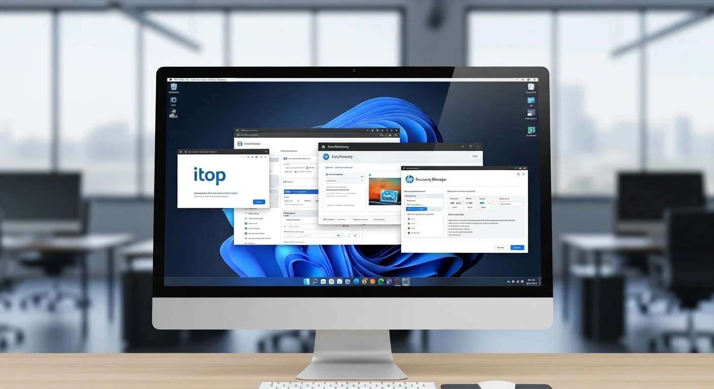 Una pantalla de computadora mostrando las interfaces de varios software de recovery, como iTop, EasyRecovery y HP Recovery Manager.