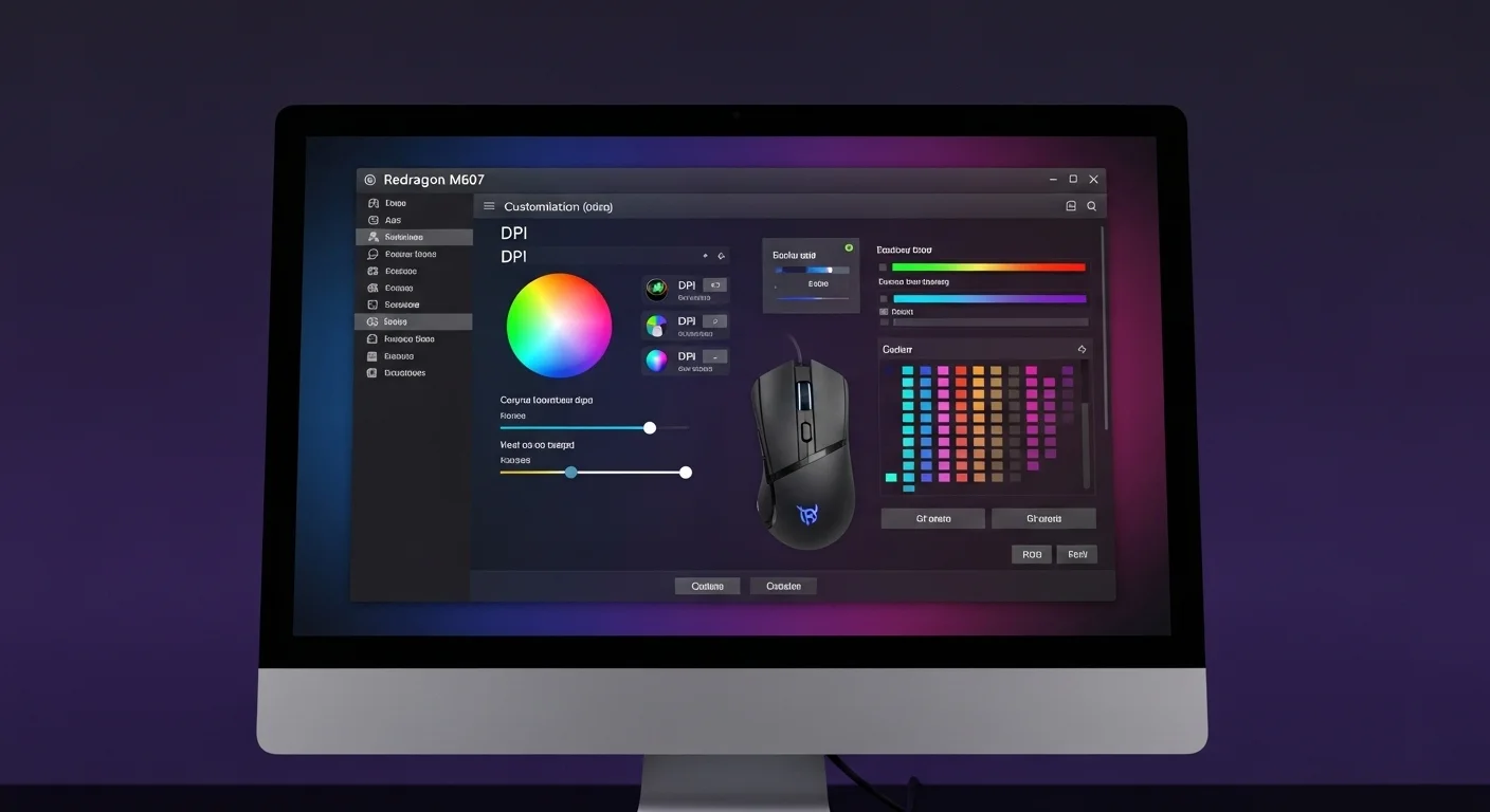 Interfaz del software de personalización del Redragon M607 en la pantalla de una computadora mostrando opciones de DPI y RGB