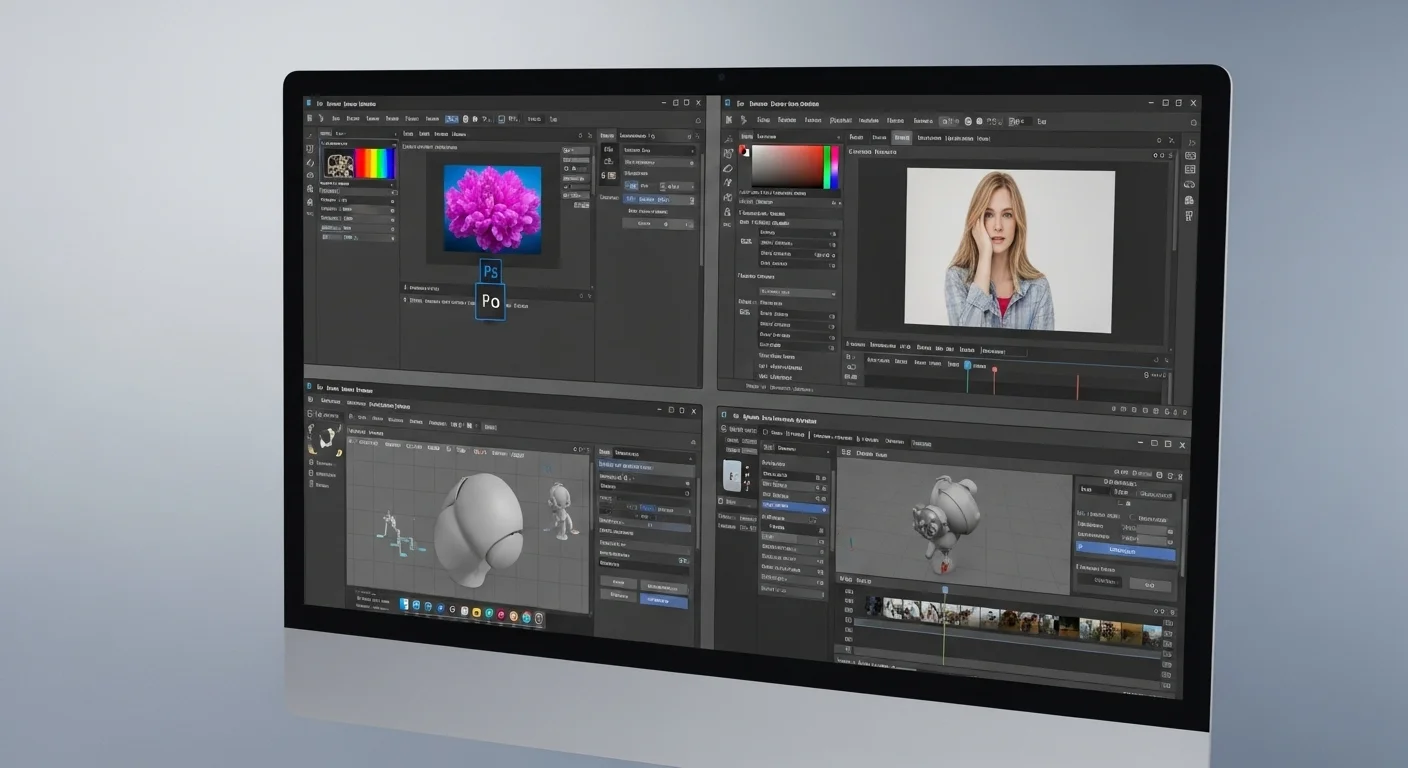 Pantalla de una computadora mostrando las interfaces de varias aplicaciones de software profesional del ecosistema Studio.