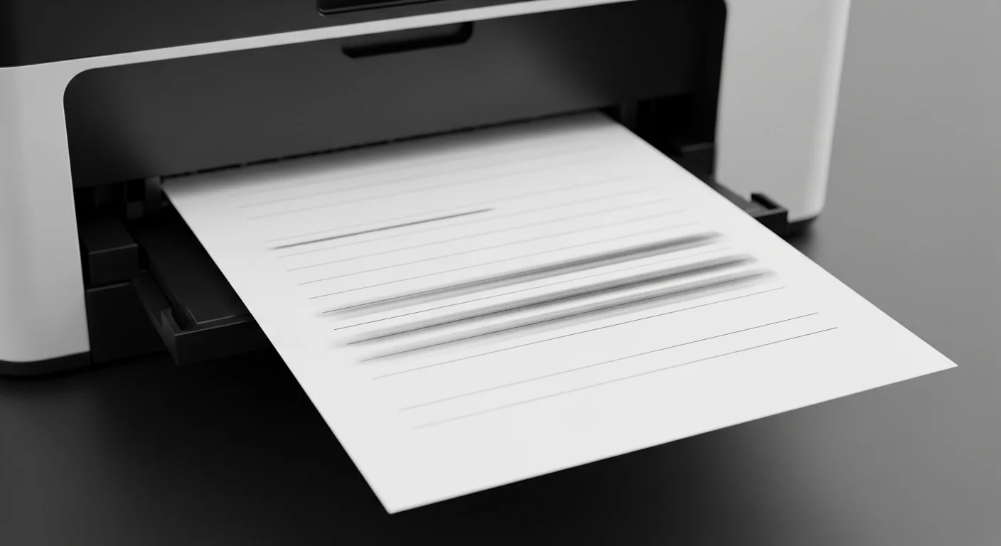 Primer plano de una hoja de papel saliendo de una impresora con rayas, ilustrando un problema común con las computadoras.