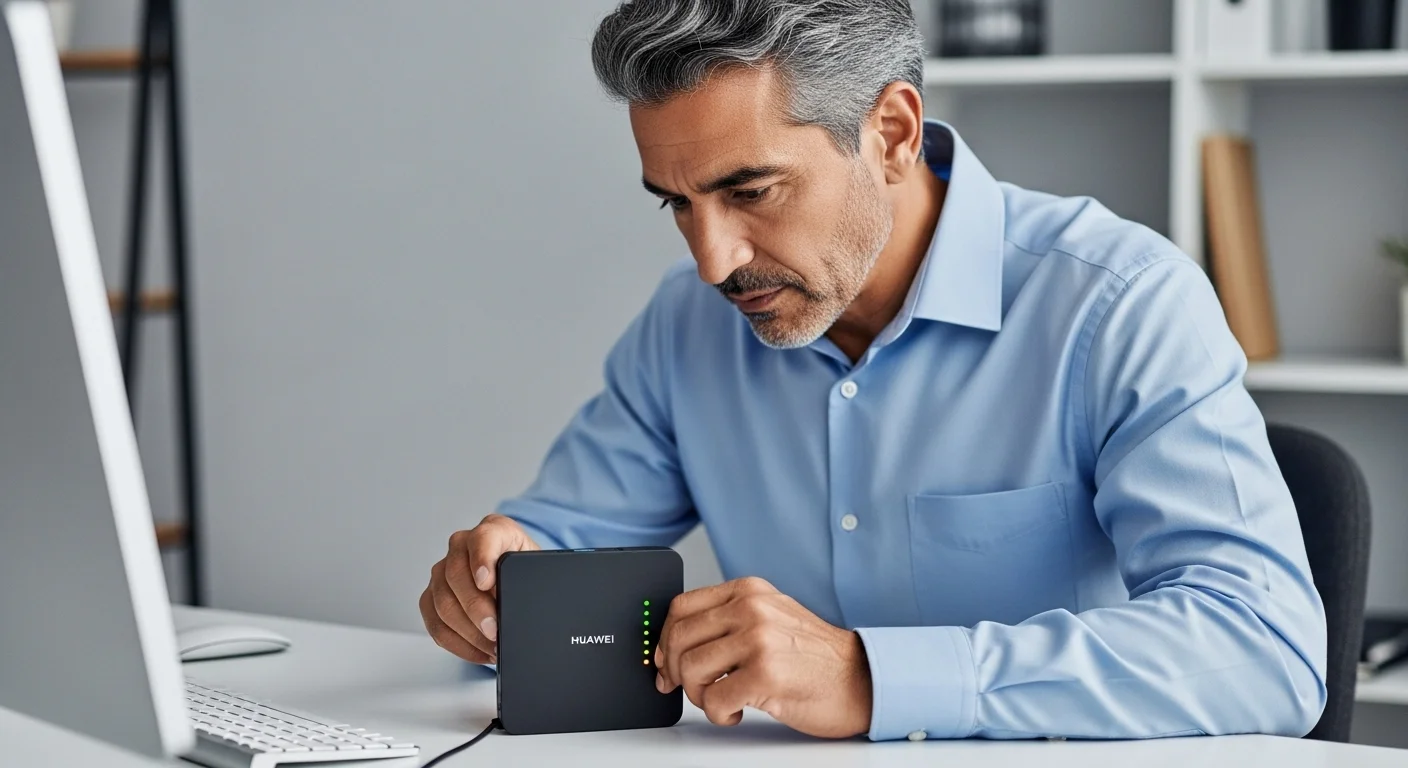 Persona revisando los indicadores LED de un modem Huawei B310 para solucionar problemas de conexión a internet.