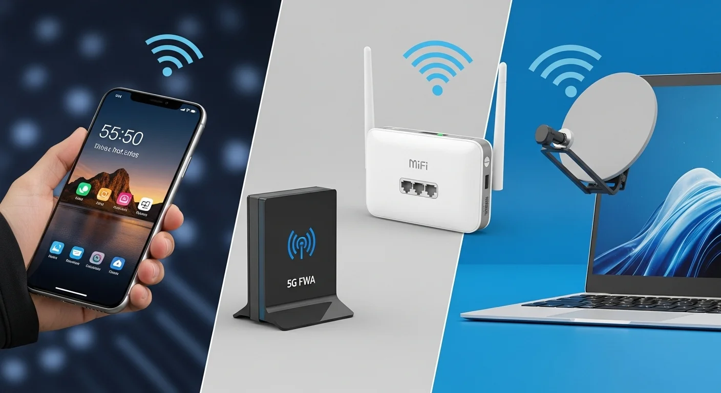 Collage de soluciones de internet alternativas: un smartphone haciendo tethering, un modem MiFi, un modem FWA 5G y una antena de internet satelital.