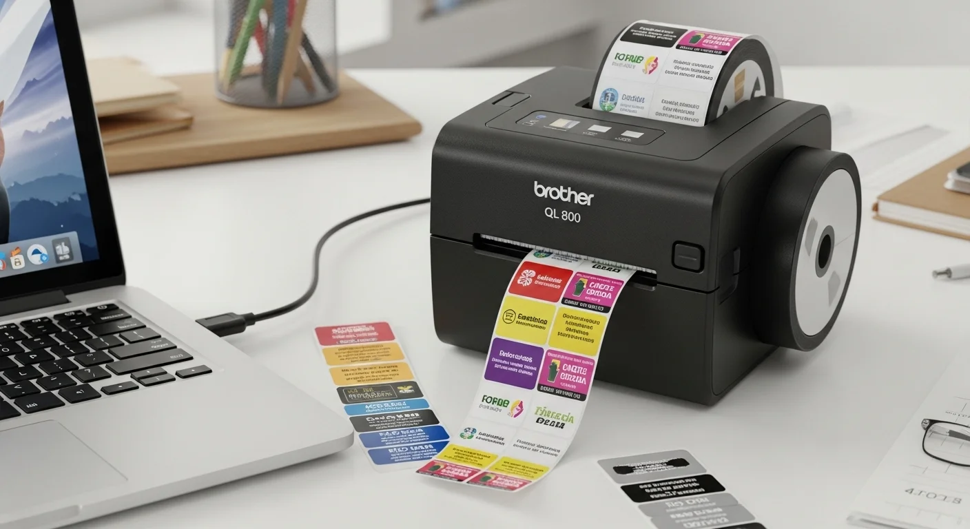 Primer plano de la etiquetadora ql 800 brother conectada a una laptop, imprimiendo etiquetas a color para organizar material de oficina.
