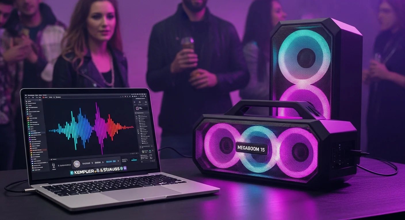 Una bocina kemplER & strauss megaboom 15 en una fiesta, con luces LED activadas, conectada a una laptop que reproduce música, ejemplificando su uso en entretenimiento.