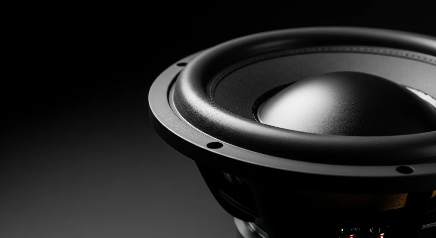 Primer plano del cono de un subwoofer de audio, destacando la textura y los detalles de su construcción, simbolizando la potencia sonora en pulgadas.