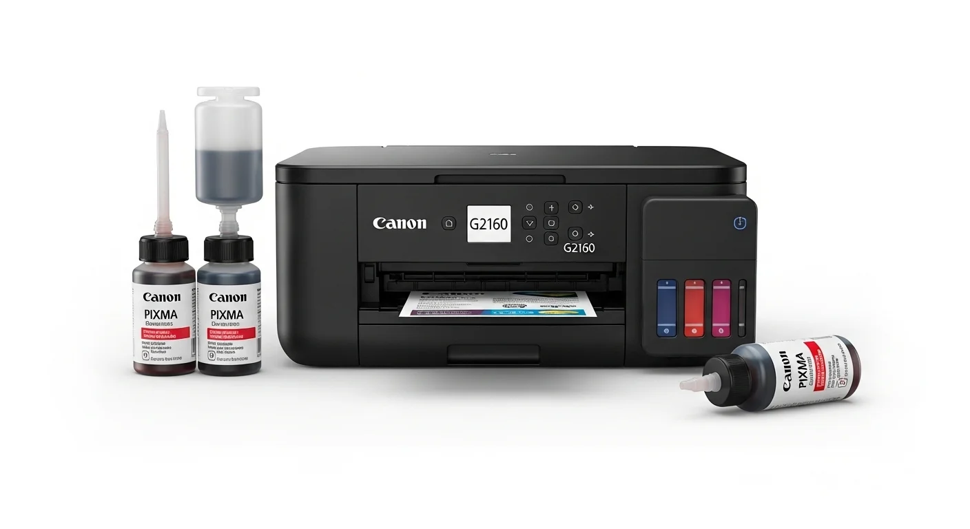 Botellas de tinta para impresora Canon Pixma junto a una impresora Pixma G2160, destacando el sistema de recarga fácil y económico.