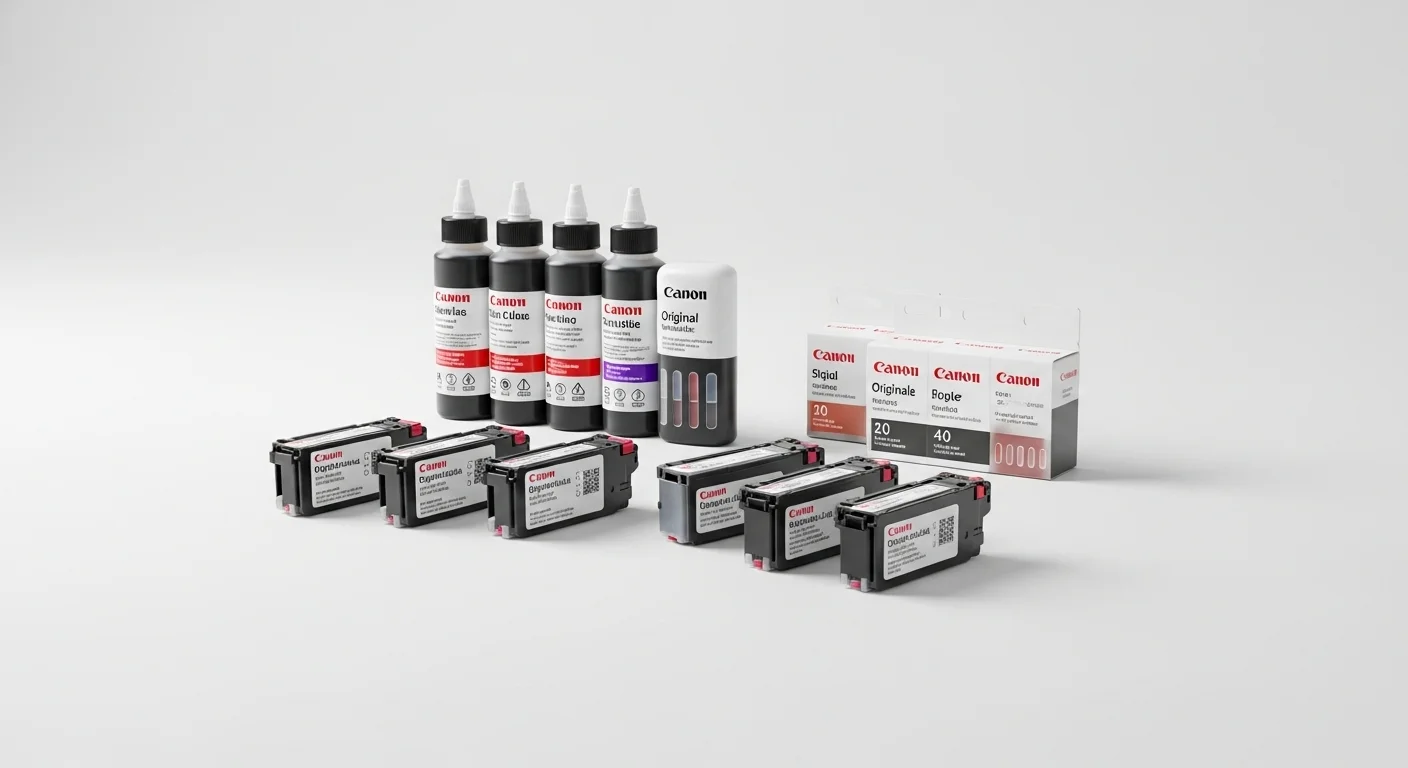 Botellas de tinta para impresora Canon junto a cartuchos originales, ilustrando las diferentes opciones de consumibles para computadoras y tecnología de impresión.