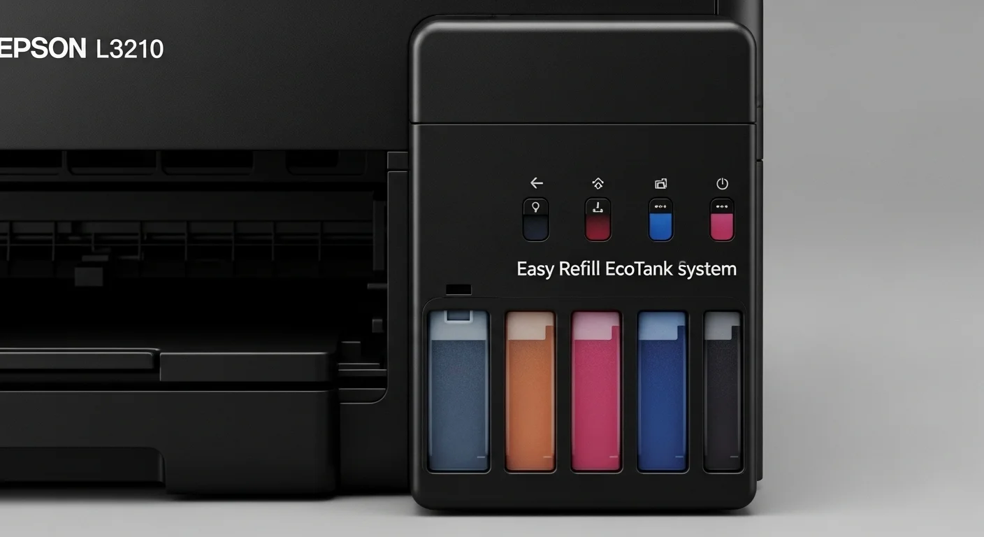 Detalle de los tanques de tinta frontales de la impresora Epson L3210, mostrando el sistema EcoTank de fácil recarga, un componente clave para su bajo costo operativo.