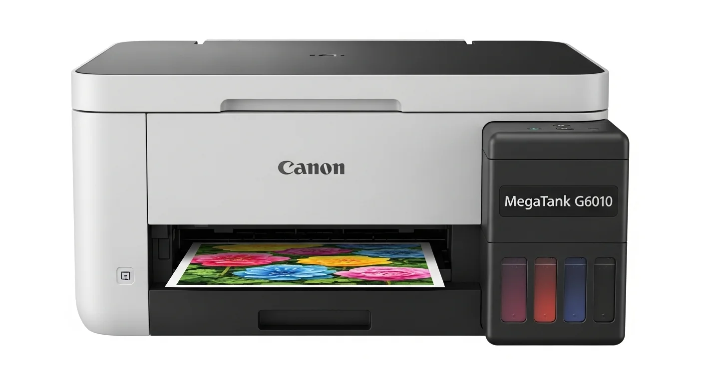 Detalle de los tanques de tinta integrados de la Canon PIXMA G6010, resaltando el sistema MegaTank y la facilidad de recarga de la canon g6010 tinta.