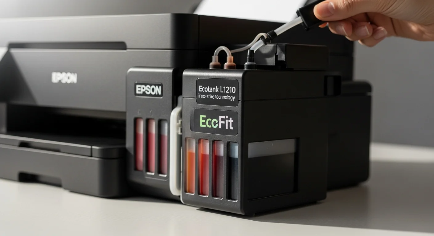 Primer plano de los tanques de tinta de la impresora Ecotank L1210, destacando la facilidad de recarga y el sistema EcoFit de Epson.