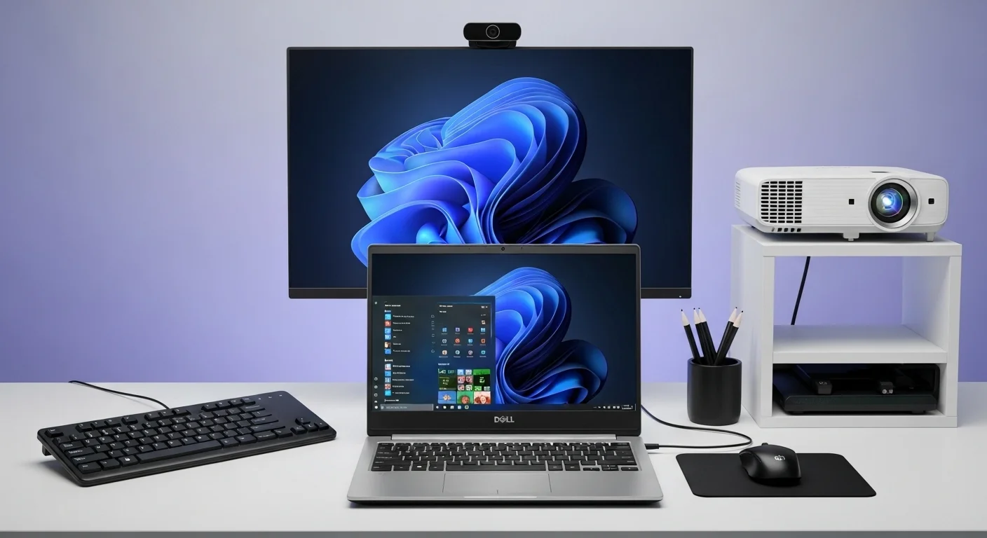 Un ecosistema de accesorios tecnológicos incluyendo un monitor externo, teclado, ratón y proyector conectados a una laptop Dell.