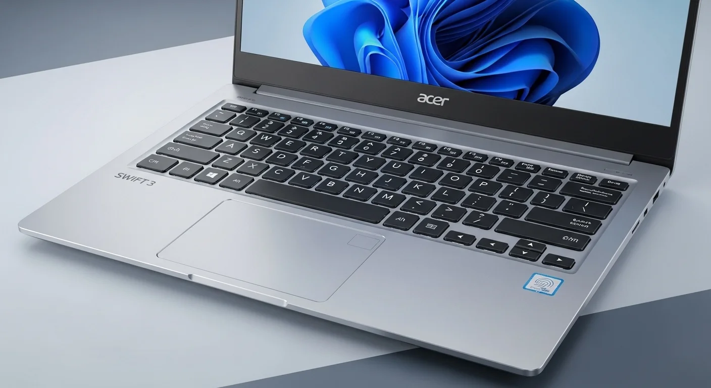 Detalle del teclado retroiluminado y el touchpad de una computadora Acer SF314, destacando su ergonomía y lector de huellas.