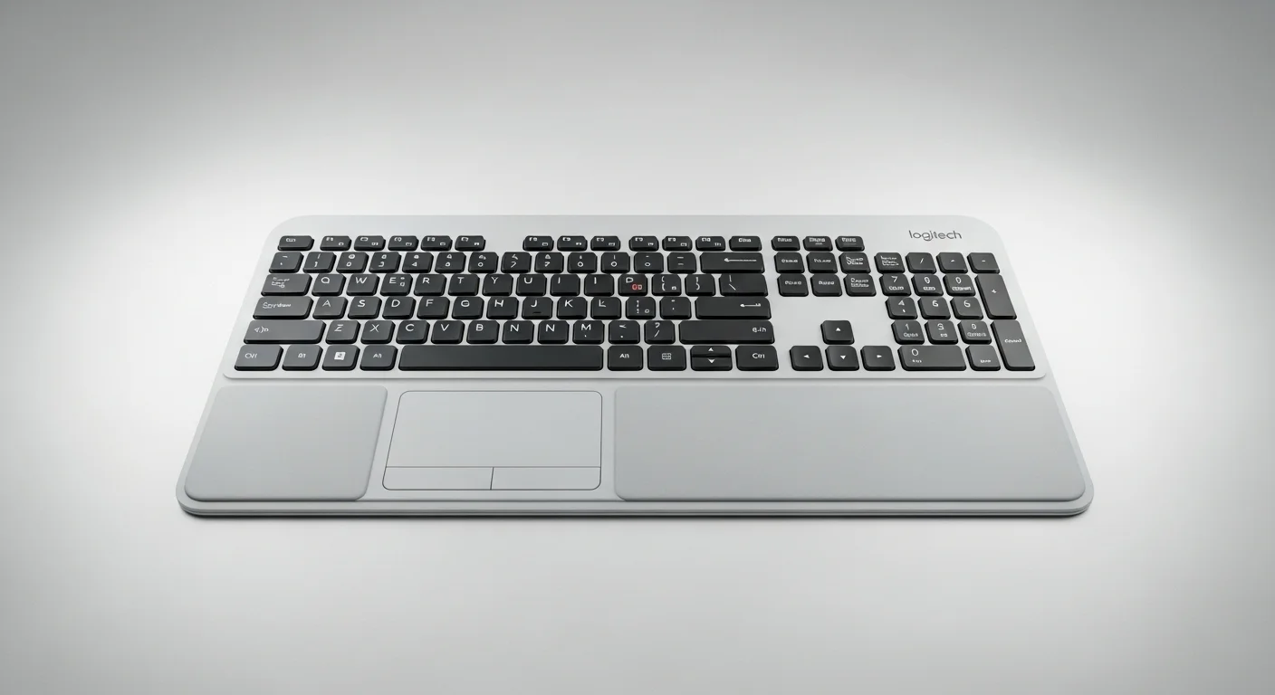 Un teclado inalámbrico Logitech con touchpad integrado, mostrando una solución todo en uno para el control de computadoras y centros multimedia.