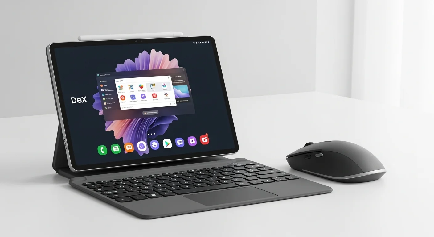 Kit de teclado y mouse bluetooth para tablet, con un teclado compacto y un mouse ergonómico junto a una tablet Samsung mostrando la interfaz DeX.