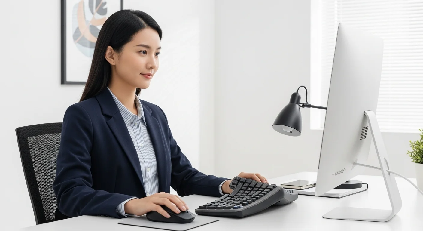 Una persona utilizando un teclado y mouse ergonómico en un entorno de oficina moderno, enfocado en la salud y productividad con computadoras.