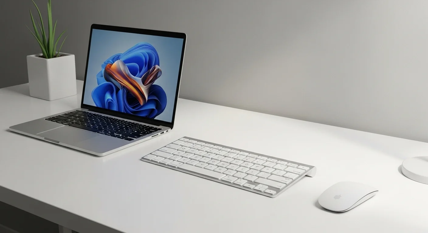 Una segunda imagen mostrando un setup completo con un teclado y mouse bluetooth, destacando un espacio de trabajo minimalista y sin cables.