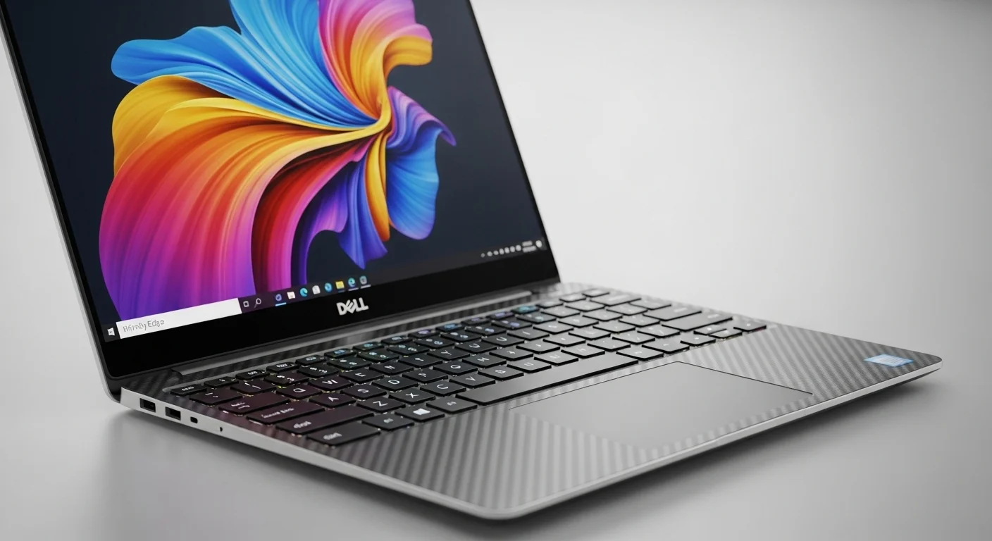 Un primer plano detallado de una computadora Dell XPS 13 mostrando el teclado retroiluminado y la pantalla InfinityEdge con colores vibrantes, enfocándose en la calidad de los materiales como el aluminio y la fibra de carbono.