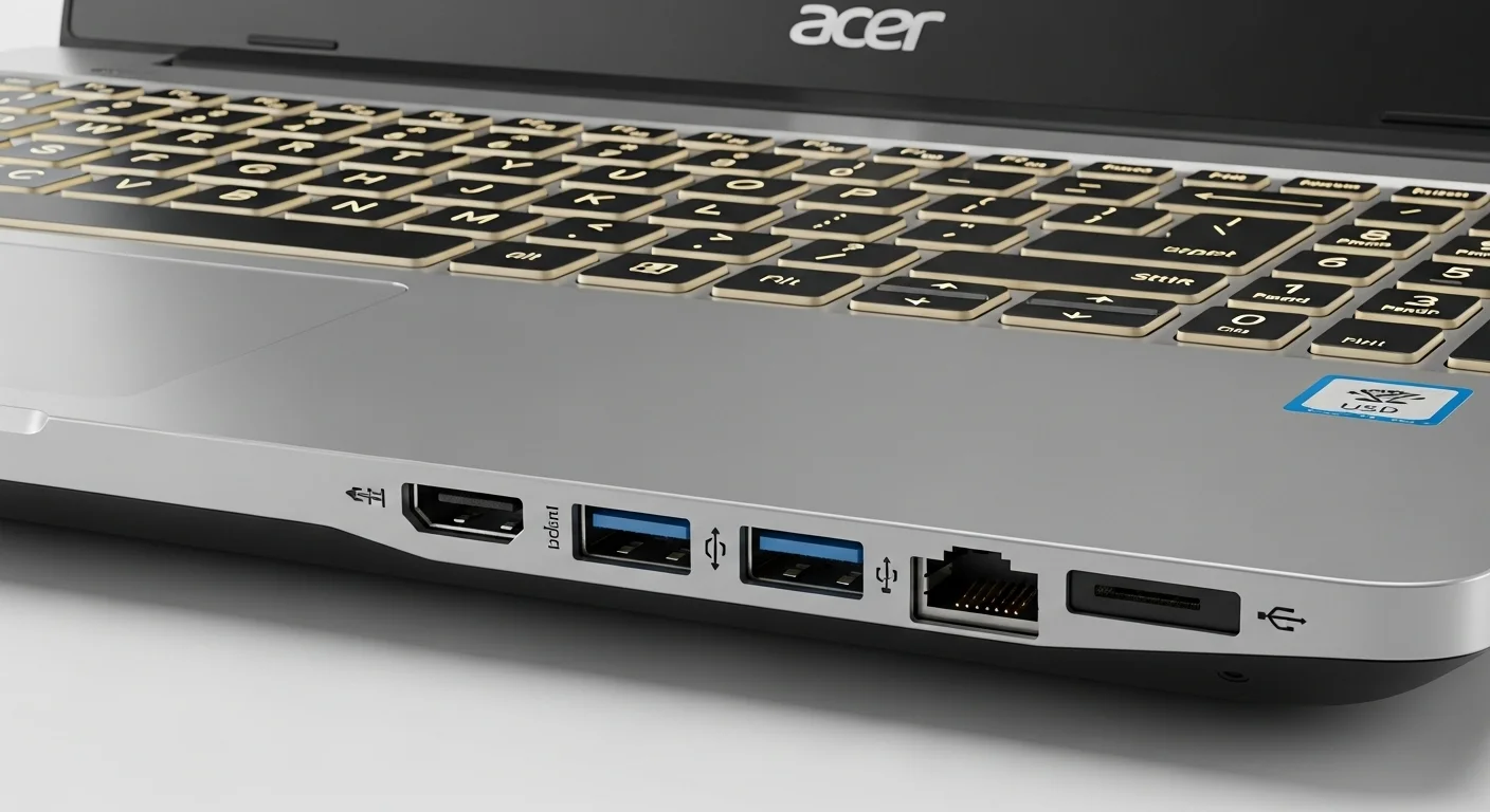 Vista detallada del teclado retroiluminado y la variedad de puertos de una computadora Acer A515, destacando su conectividad y diseño funcional.