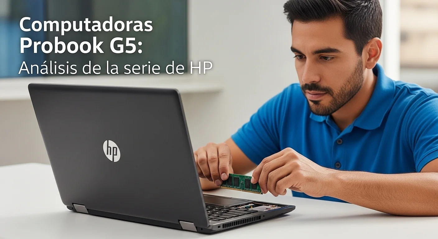 Un técnico de TI instalando un módulo de memoria RAM en una laptop HP Probook G5, mostrando su capacidad de actualización.