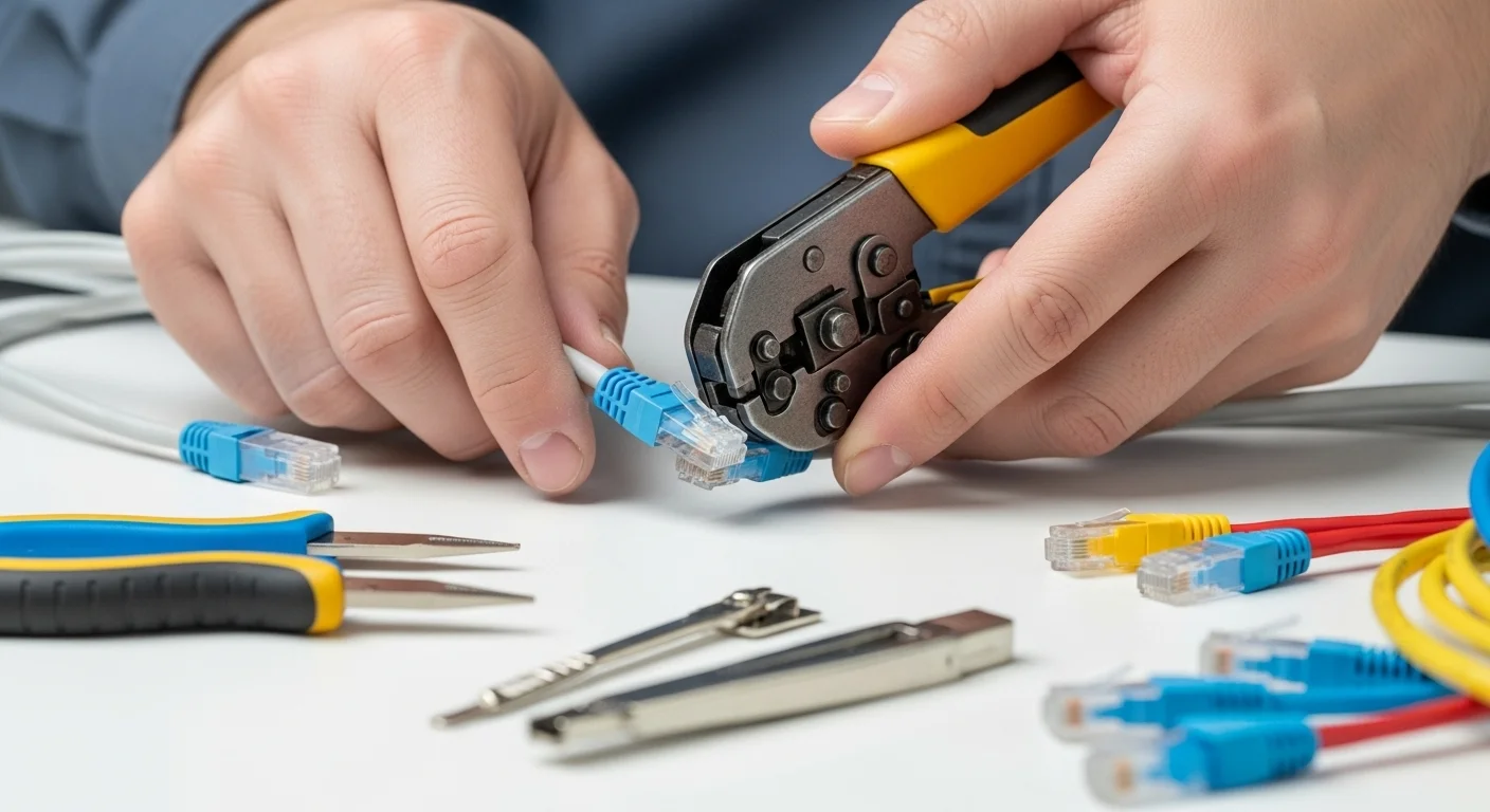 Manos de un técnico utilizando una herramienta de crimpado para instalar un conector RJ45 en un cable lan Cat 6, con varios cables lan de colores y herramientas de red alrededor.