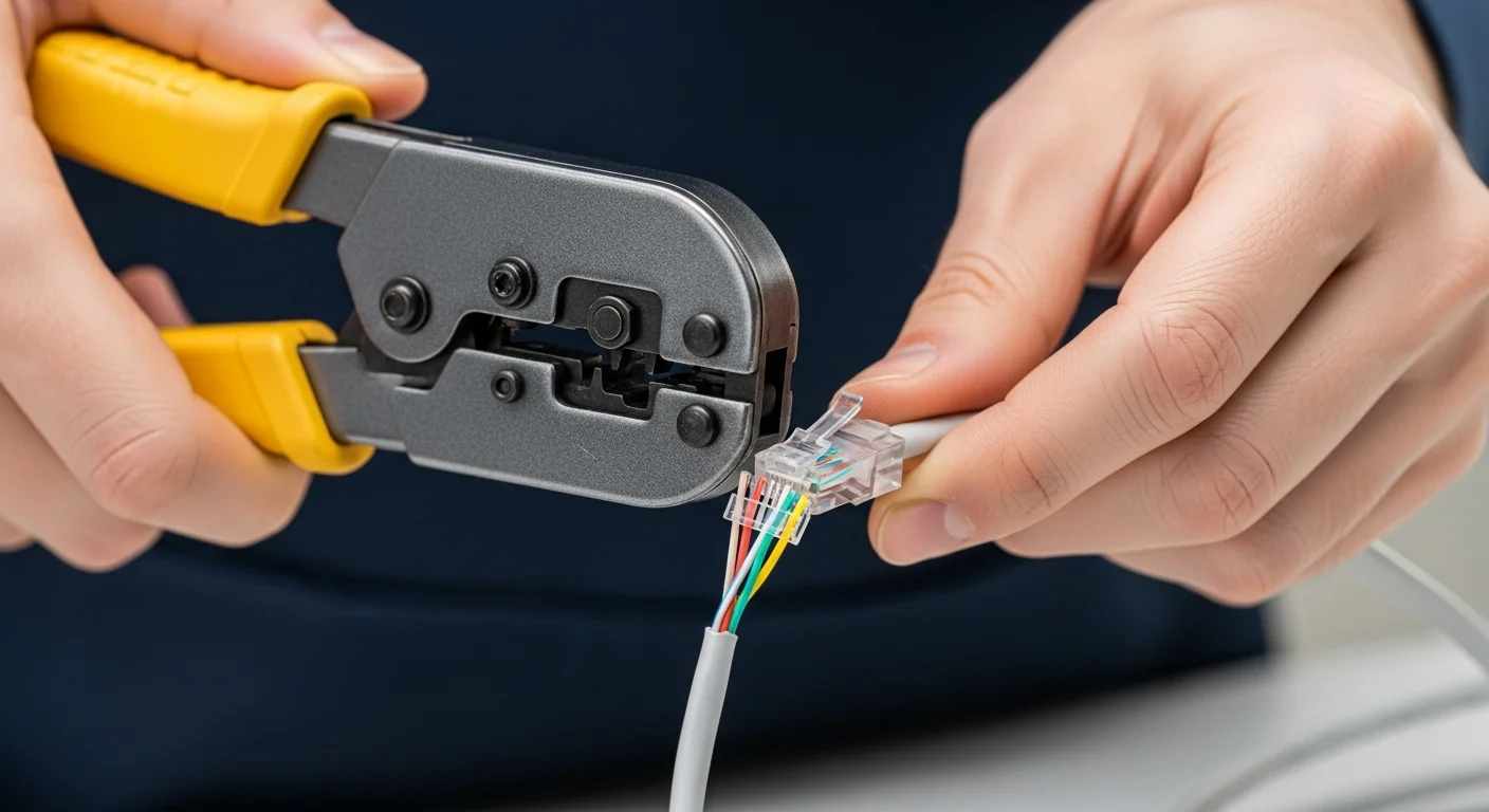 Manos de un técnico utilizando una herramienta de crimpado para instalar un conector RJ45 en un cable UTP CAT 5e, mostrando los hilos de colores.