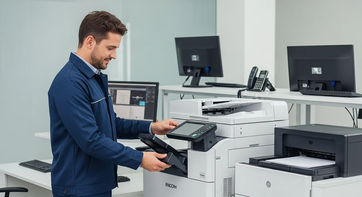 Un técnico especialista realizando mantenimiento preventivo a una impresora Ricoh multifuncional, garantizando su operatividad.