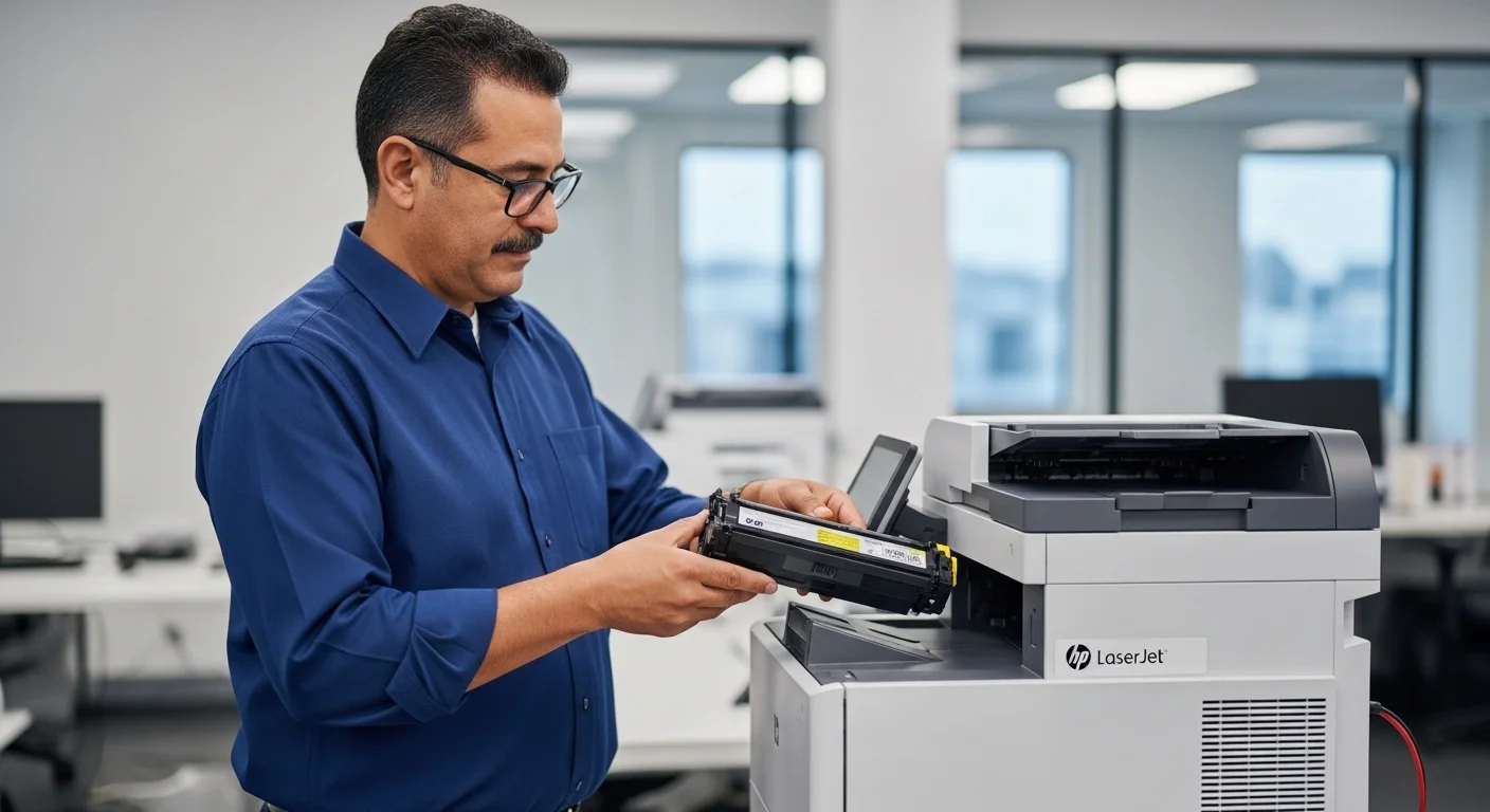 Un técnico de equipos de oficina instalando un cartucho de tóner HP en una impresora LaserJet, representando el mantenimiento y la tecnología en el entorno empresarial.