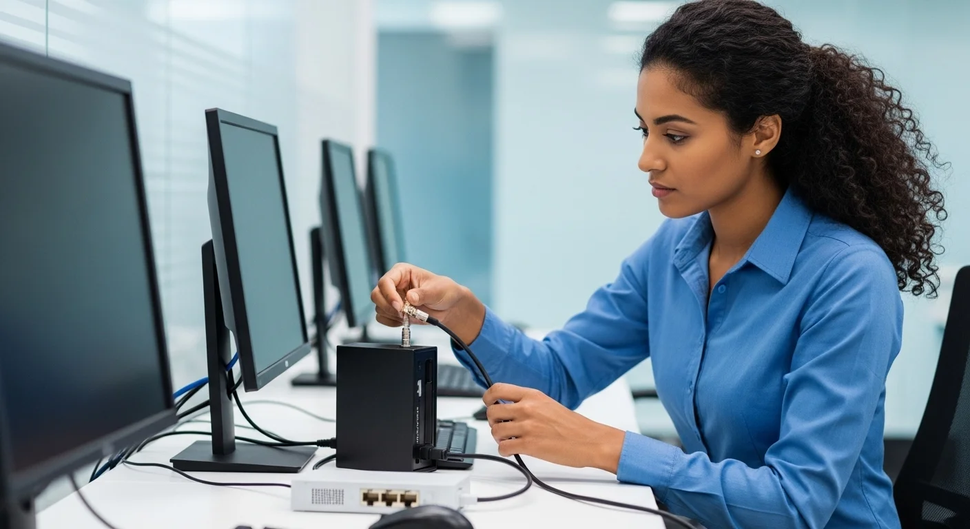 Un técnico revisando la conexión de un modem cable coaxial en una oficina, asegurando la calidad de la señal para múltiples computadoras.
