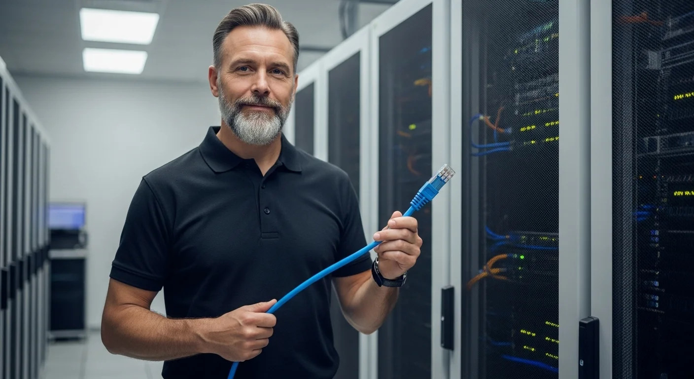 Un técnico en informática sosteniendo un cable de red tipo b (UTP con estándar T568B) frente a un rack de servidores en un centro de datos.