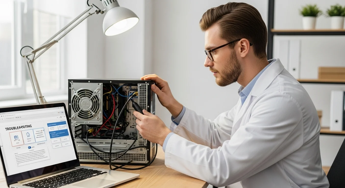 Un técnico diagnosticando por qué una PC no se conecta a internet por cable, revisando puertos y configuraciones.