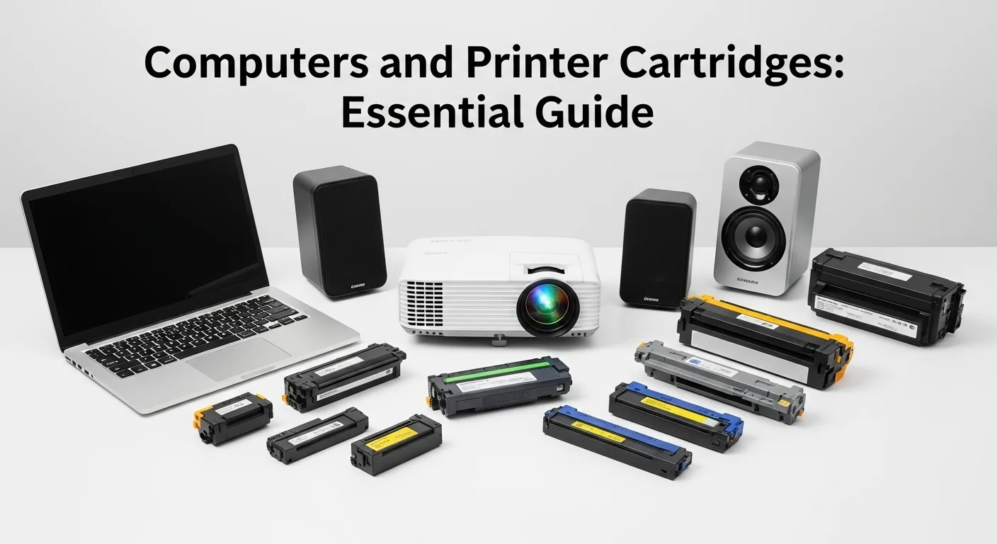 Variedad de accesorios de tecnología incluyendo una laptop, proyector, bocinas y diferentes tipos de cartuchos de impresora sobre una superficie limpia.