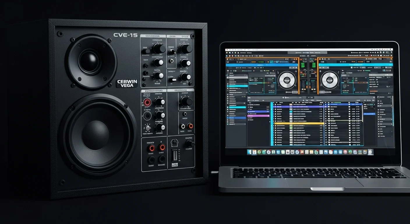Imagen detallada de los controles y conexiones de una bocina Cerwin Vega CVE-15 junto a una computadora portátil mostrando software de DJ
