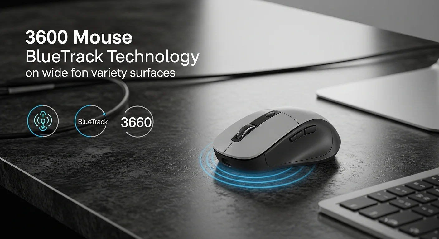 Infografía mostrando la tecnología BlueTrack del Mouse 3600 funcionando sobre una superficie de granito, destacando su versatilidad para computadoras.