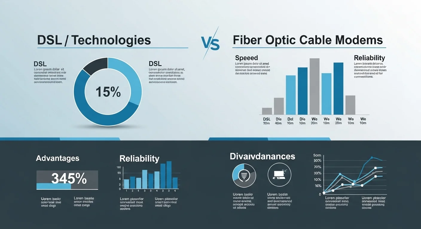 Infografía comparando la tecnología de un cable dsl modem con un cable de fibra óptica, ilustrando las diferencias para el usuario de computadoras.