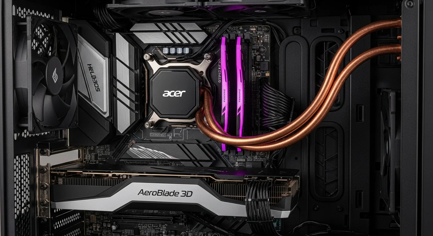 Detalle del interior de una computadora Acer Helios, mostrando los ventiladores del sistema de refrigeración AeroBlade 3D y los heatpipes de cobre.