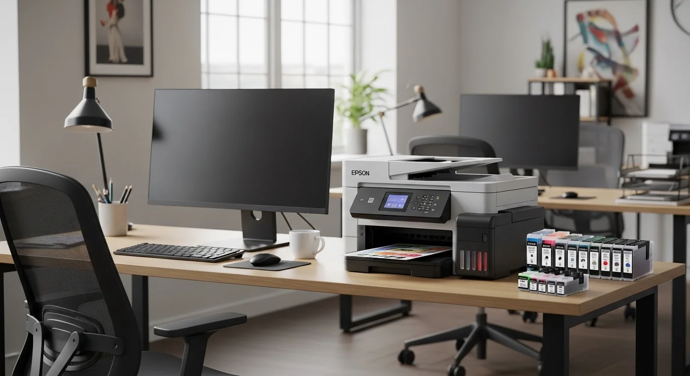 Entorno de oficina moderno con una impresora multifuncional Epson, destacando la tecnología y accesorios de oficina, y la eficiencia en el trabajo.