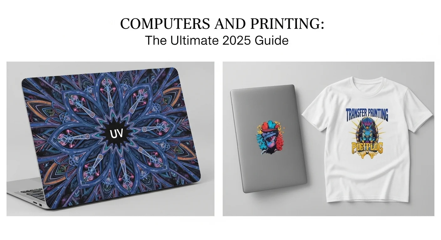 Collage de imágenes mostrando la impresión UV sobre un objeto y la impresión transfer sobre una camiseta, representando tecnologías de impresión especializadas.